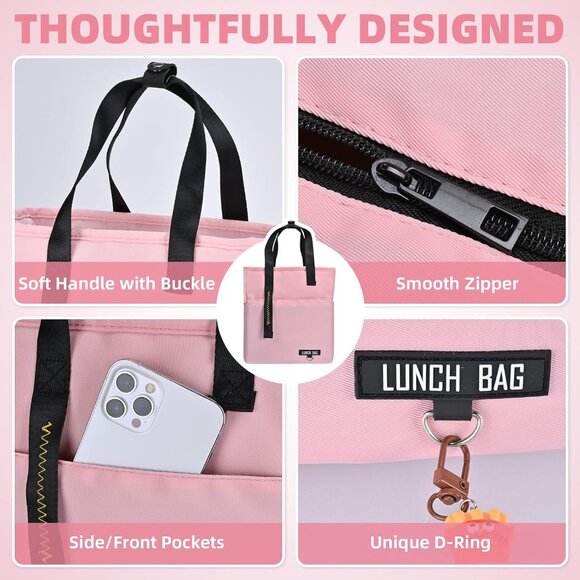 Pink Insulated Lunch Bags for Women Large lunch box, 10.5L x 6W x 11H Inches, Le - Picture 6 of 8